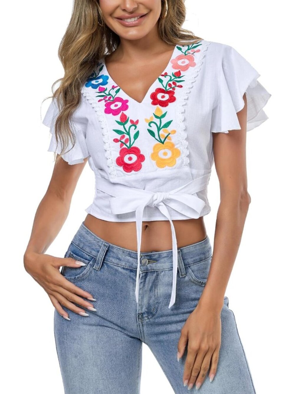 Boho V Neck Tie Front Crop Top - Summer Ruffle Short Sleeve Embroidered Blouse